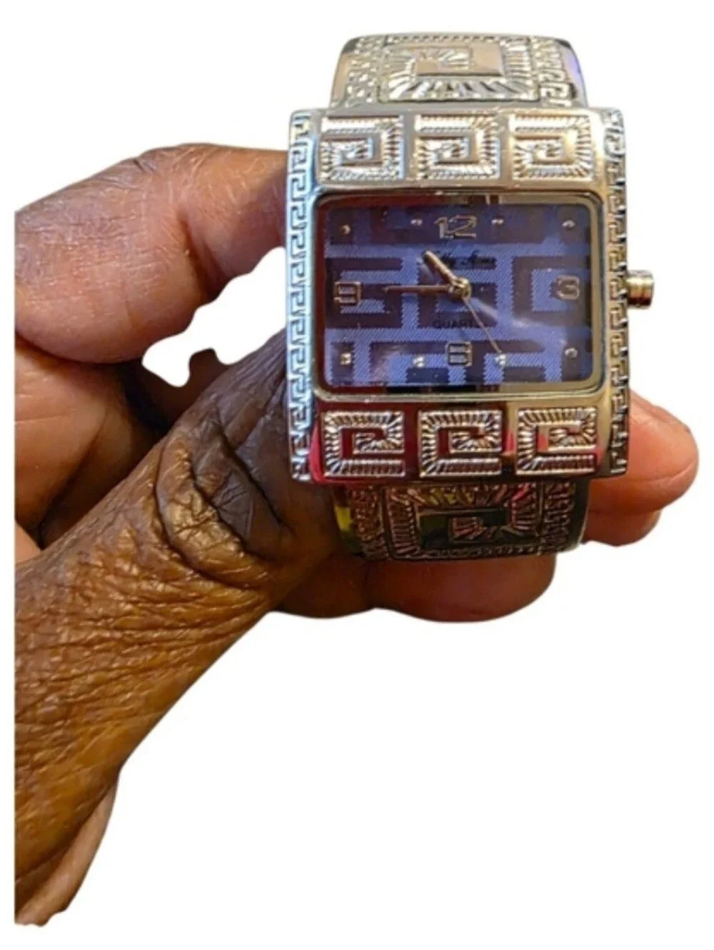 Kelly Stone Vintage Greek Key Pattern Silver Open Cuff Watch Square Purple Face